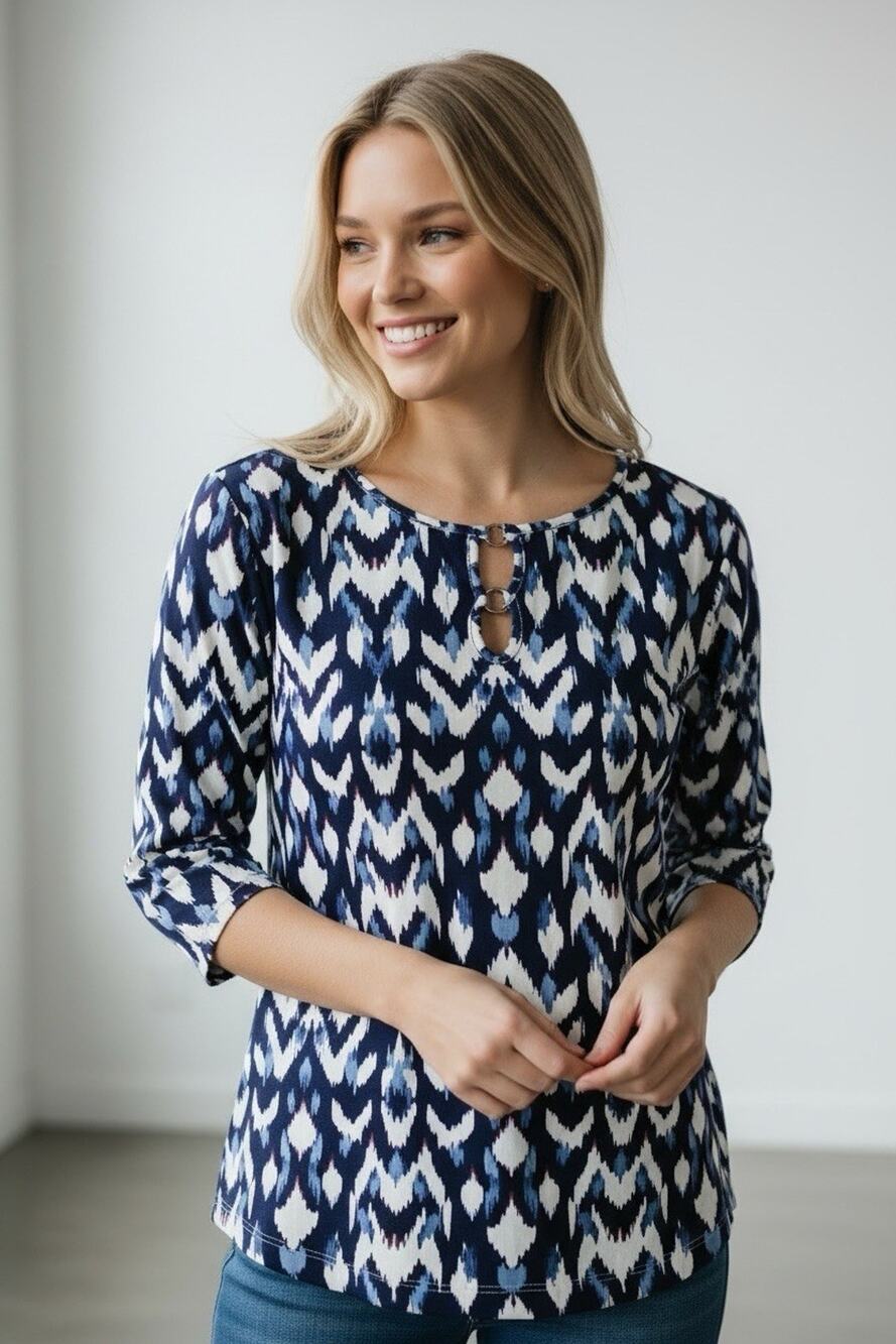 Hearts of Palm Women's Blouse 3/4 Sleeve Size L Geometric Keyhole Casual